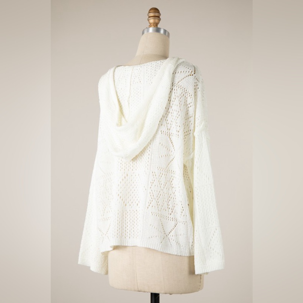 Ivory Crochet Multi Knit Pattern Hoodie With Pocket - Picture 3 of 4